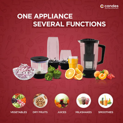 Candes Pearl 600 W Mixer Grinder 4 Jars - Black, Red (1 Year Warranty + 2 Year on Motor Only)