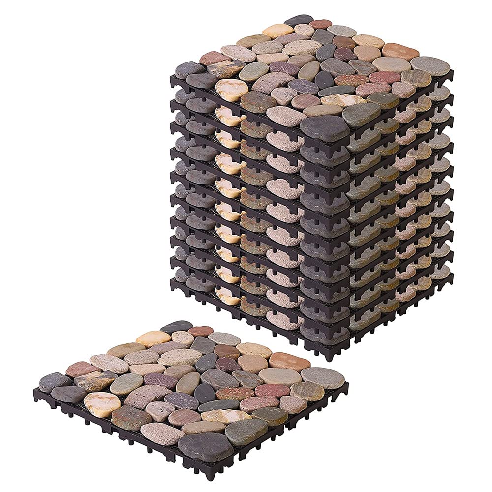 Cheston Tiles for Floor with Interlocking I Pebble Floor Tiles I Weather & Water Resistant I Tiles for Garden, Balcony & Poolside I 12" X 12" Deck Tiles (Set of 1, Multi-colour Stones)