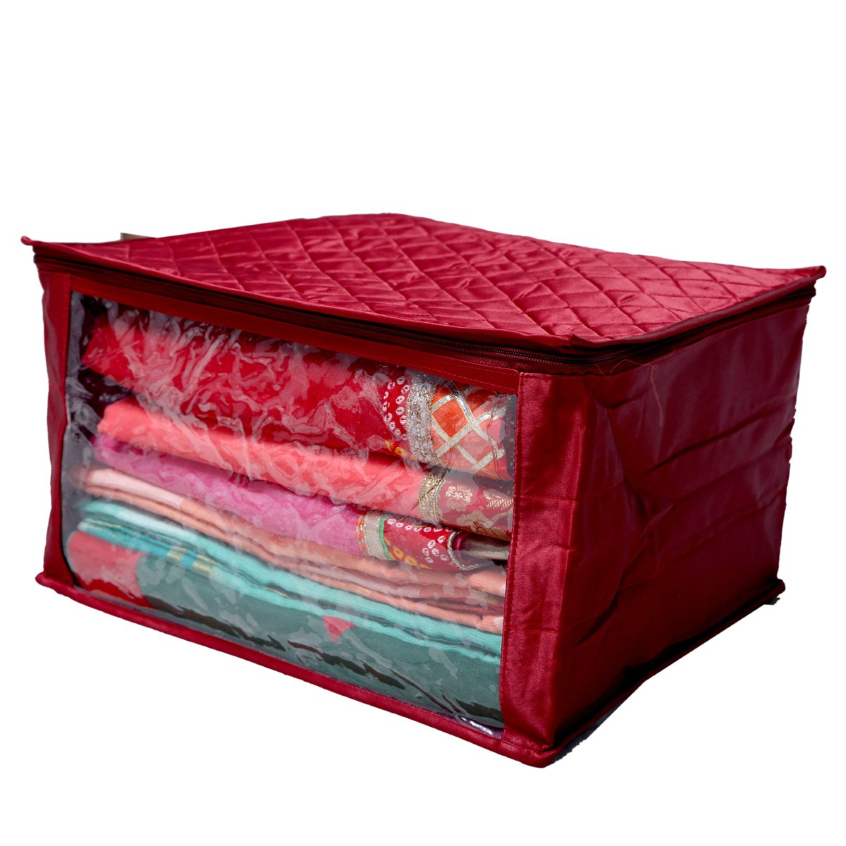 Kuber Industries 6 Piece Quilted Satin Saree Cover Set, Maroon