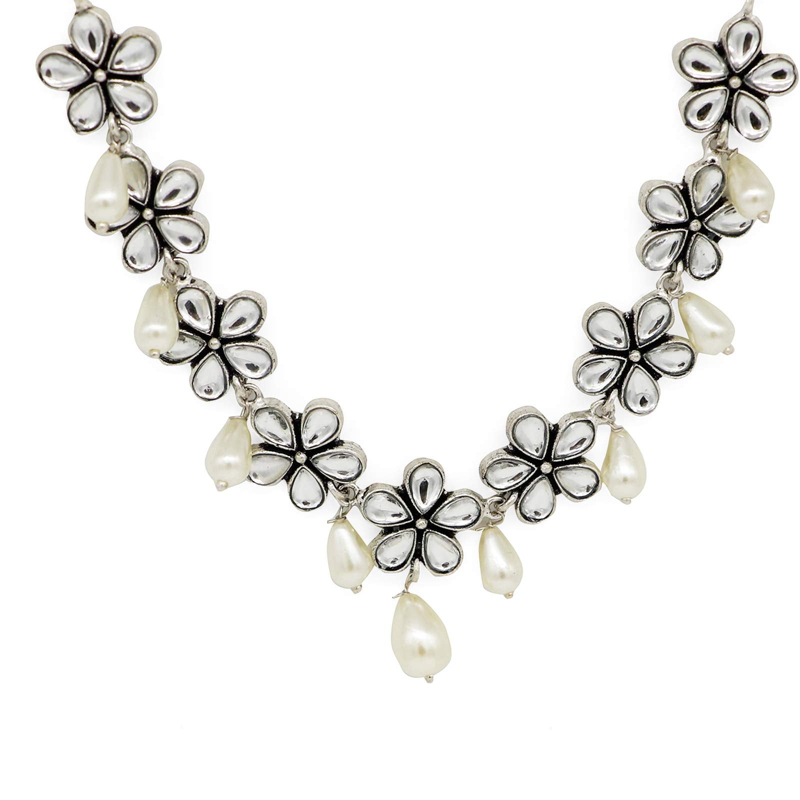 TEEJH Abhita Floral Polki Silver Oxidized Necklace for Women
