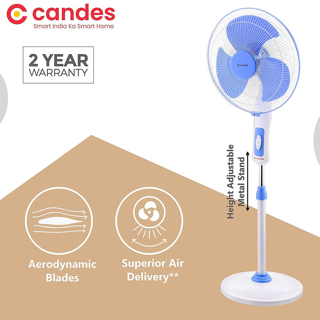 Candes Platine 400mm 3 Blade Automatic Oscillation Pedestal Fan With 2 Years Warranty (White Blue)