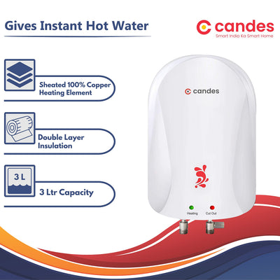 Candes Geyser 3 Litre | 2 Years Warranty | Water Heater For Home, Water Heater, Instant Geyser, Instant Water Heater, Water Geyser, Heater For Water Heating, Electric Geyser, ‎3000 W - Fiesta (White)