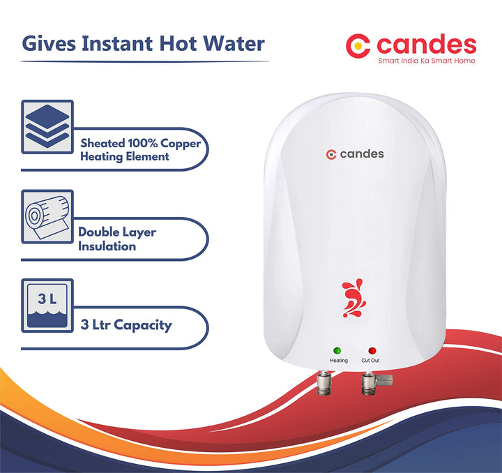 Candes Geyser 3 Litre | 2 Years Warranty | Water Heater For Home, Water Heater, Instant Geyser, Instant Water Heater, Water Geyser, Heater For Water Heating, Electric Geyser, ‎3000 W - Fiesta (White)