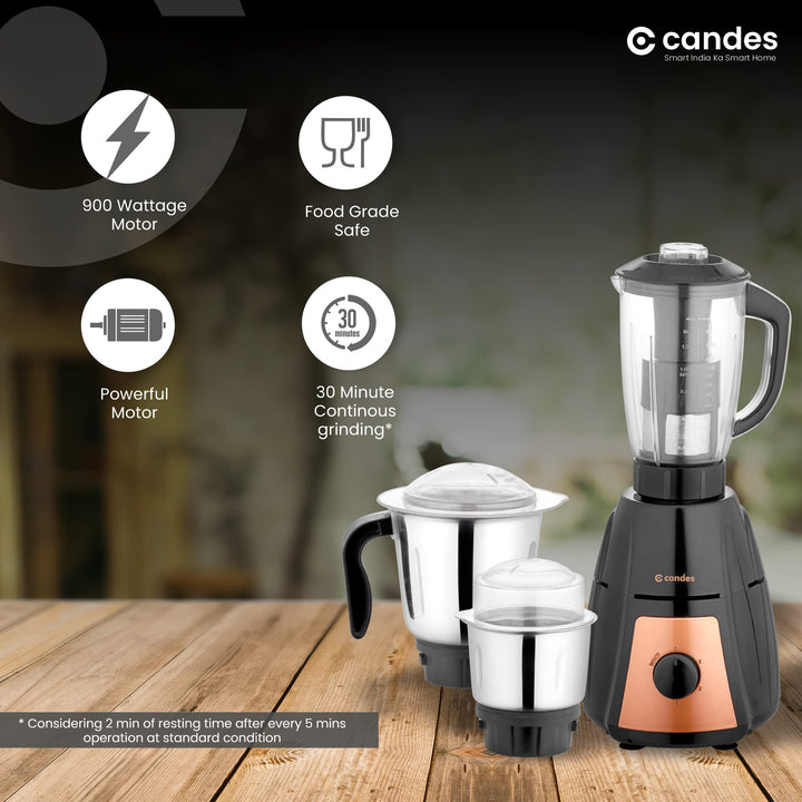 Candes Eathan 900 Watts Mixer Grinder with 4 Jars Powerful Motor with 2 Year Motor Warranty (Black, Gold)