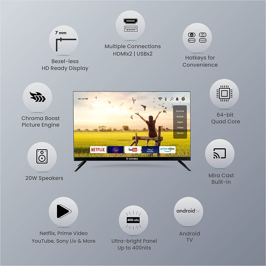 Candes Frameless 32  Smart LED TV – 1 GB Black (Model Id - CANDES32SMCF32S001)