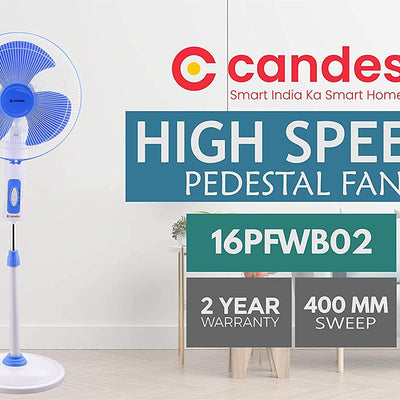 Candes Platine 400mm 3 Blade Automatic Oscillation Pedestal Fan With 2 Years Warranty (White Blue)