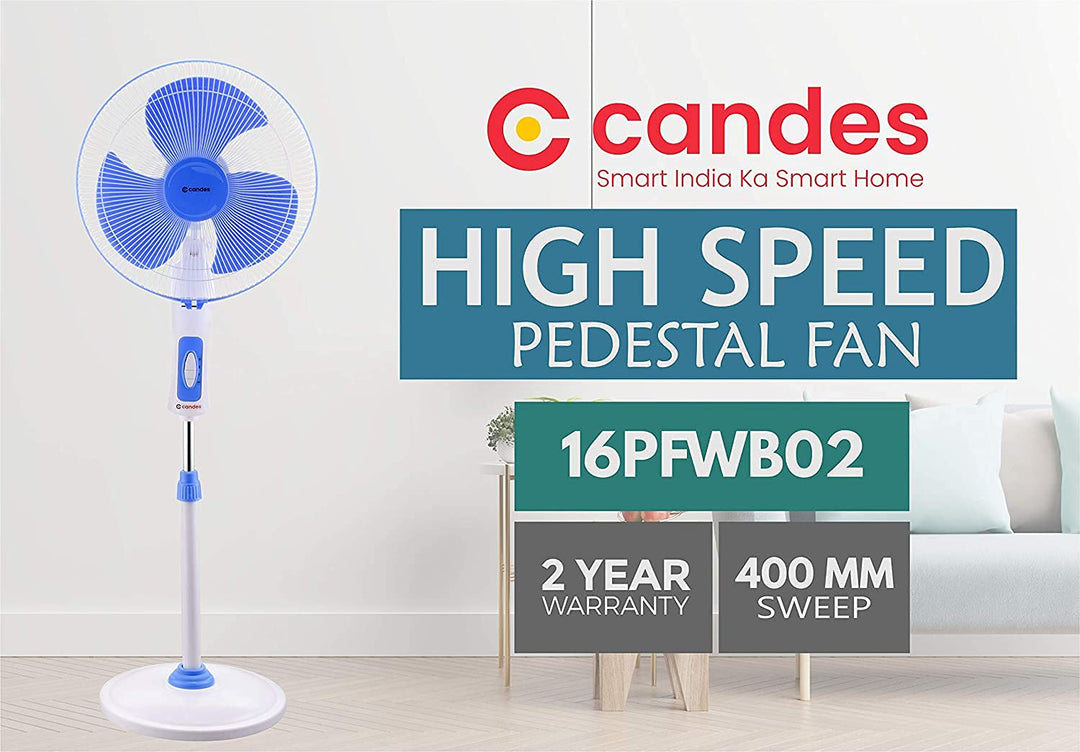 Candes Platine 400mm 3 Blade Automatic Oscillation Pedestal Fan With 2 Years Warranty (White Blue)