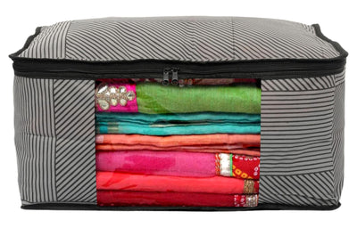 Kuber Industries Non-Woven Lining Print Saree Organizer|Wardrobe Organizers With Transparent Window, Zipper, Set of 12 (Gray)