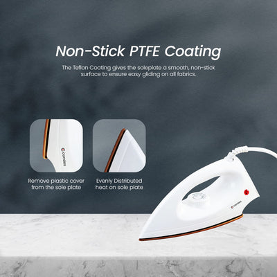 Candes Iron Press | 2 Year Warranty | Iron box, Electric iron, Dry Iron, Electric Iron Press for Clothes, EI107 1000-Watt, Light Weight Electric Dry Iron 100% Non-Stick Teflon Coating (White)