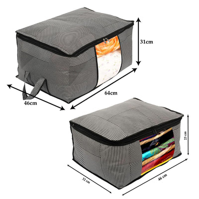 Heart Home Non-Woven Lining Print 2 Pieces Underbed Storage Bag & 2 Pieces Saree Cover With Transparent Window, Pack of 4 (Gray)