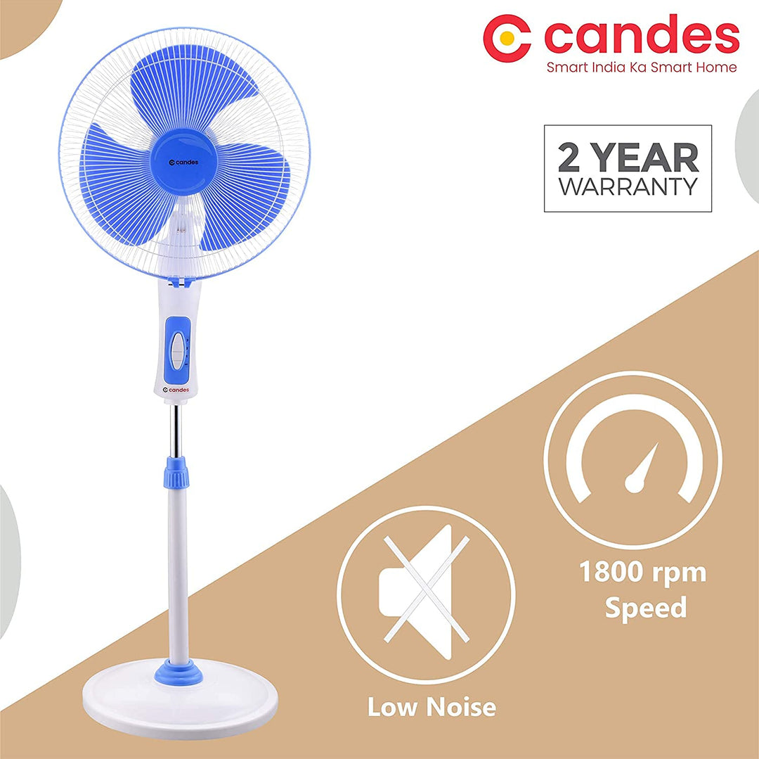 Candes Platine 400mm 3 Blade Automatic Oscillation Pedestal Fan With 2 Years Warranty (White Blue)