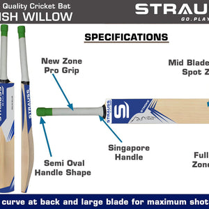 Strauss Cricket Bat English Willow | Premium Leather Ball Bat for Cricket | Ideal for Professional Players, Beginners, and Practice Sessions| Ergonomic Grip Handle | Edition Stroke | Size 5