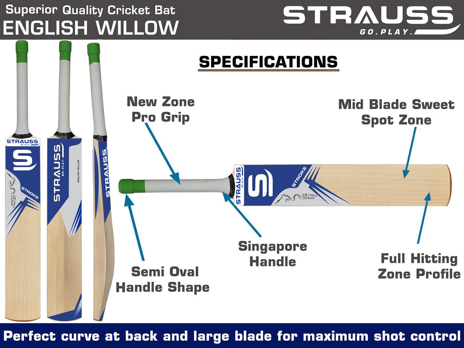Strauss Cricket Bat English Willow | Premium Leather Ball Bat for Cricket | Ideal for Professional Players, Beginners, and Practice Sessions| Ergonomic Grip Handle | Edition Stroke | Size 5