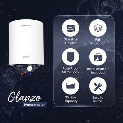 Candes 25 Litre Glanzo 5 Star Rated GlassLine Automatic Storage Electric Water Heater - 8 Bar Pressure with Installation Kit, Metal Body White