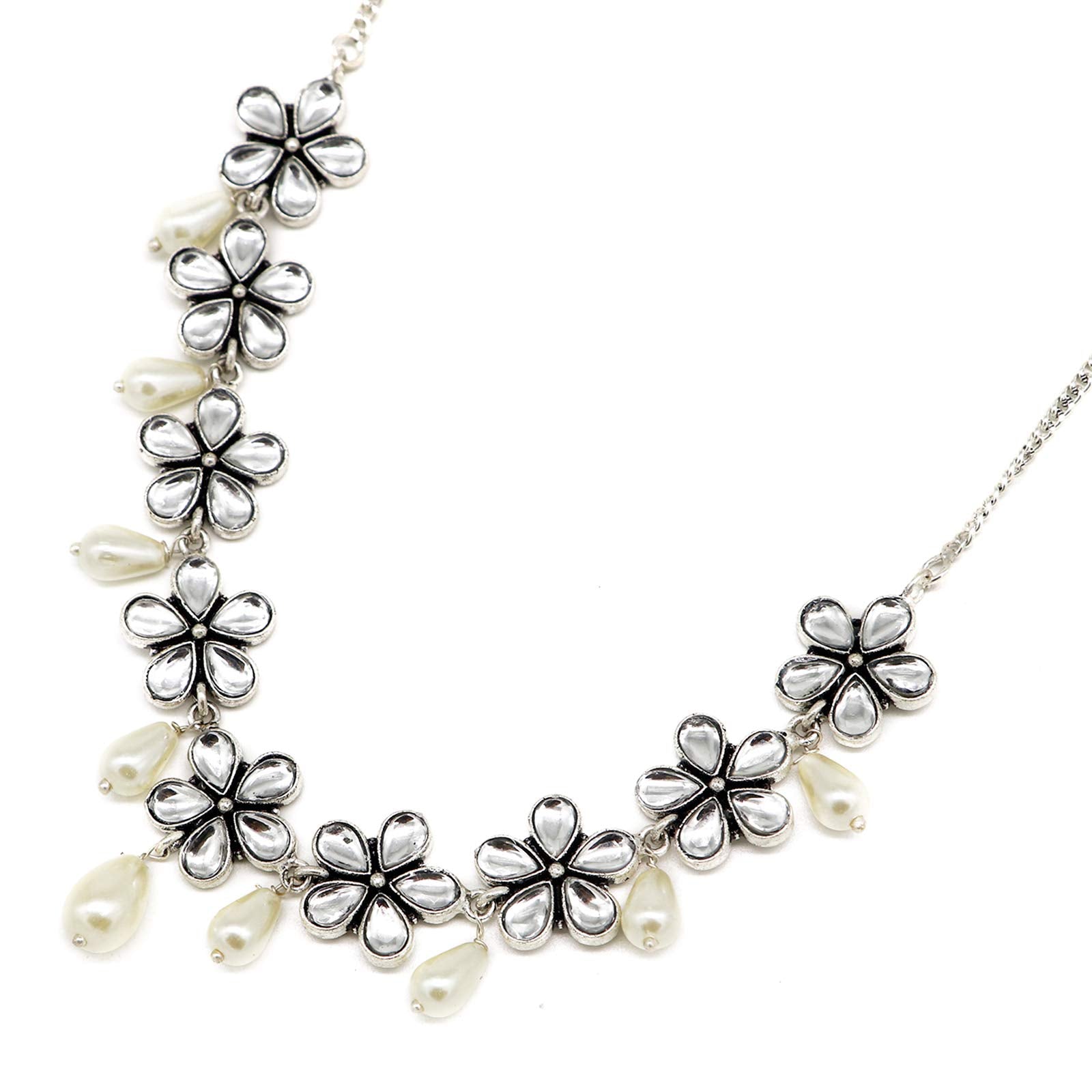 TEEJH Abhita Floral Polki Silver Oxidized Necklace for Women
