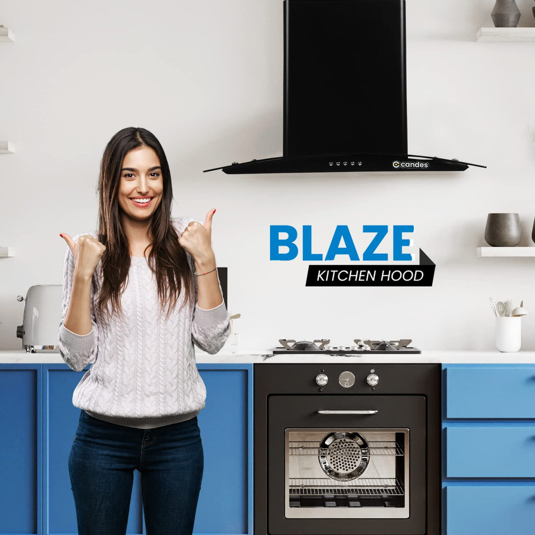 Candes Blaze Kitchen Chimney 60 Cms with Powerful 1100 m3/h Suction| Stainless Steel Baffle Filter | Curved Glass |Oil Collector |Anti-Fingerprint & Black Wall Mount Range Hood |3 Level Push Control | Stainless Steel Baffle Filter | Metal Blower | 2 Level