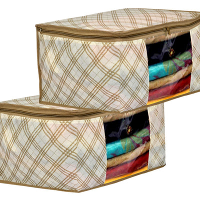 Kuber Industries Metalic Checkered Print 2 Piece Non Woven Fabric Saree Cover Set with Transparent Window, Extra Large (Ivory)-KUBMART16502