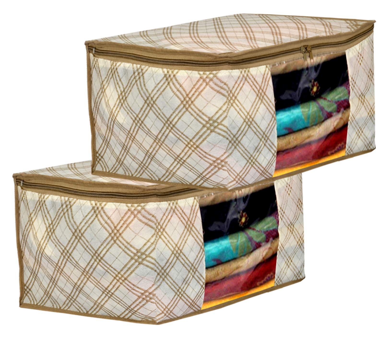 Kuber Industries Metalic Checkered Print 2 Piece Non Woven Fabric Saree Cover Set with Transparent Window, Extra Large (Ivory)-KUBMART16502