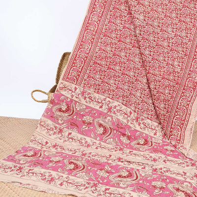 Red intricately machine-printed kalamkari cotton saree, self-border & contrast pallu of floral print