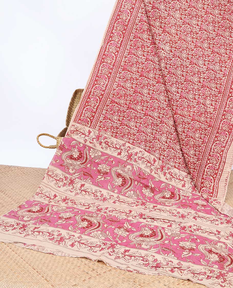 Red intricately machine-printed kalamkari cotton saree, self-border & contrast pallu of floral print