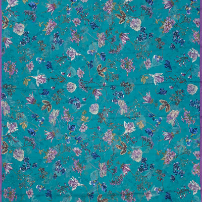 Cyan Woven Digital Printed Chiffon Silk Saree With Floral Motifs