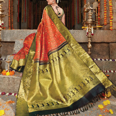 Orange Handloom Kanchipuram Revival Korvai Silk Saree With Dual Checks-Orange