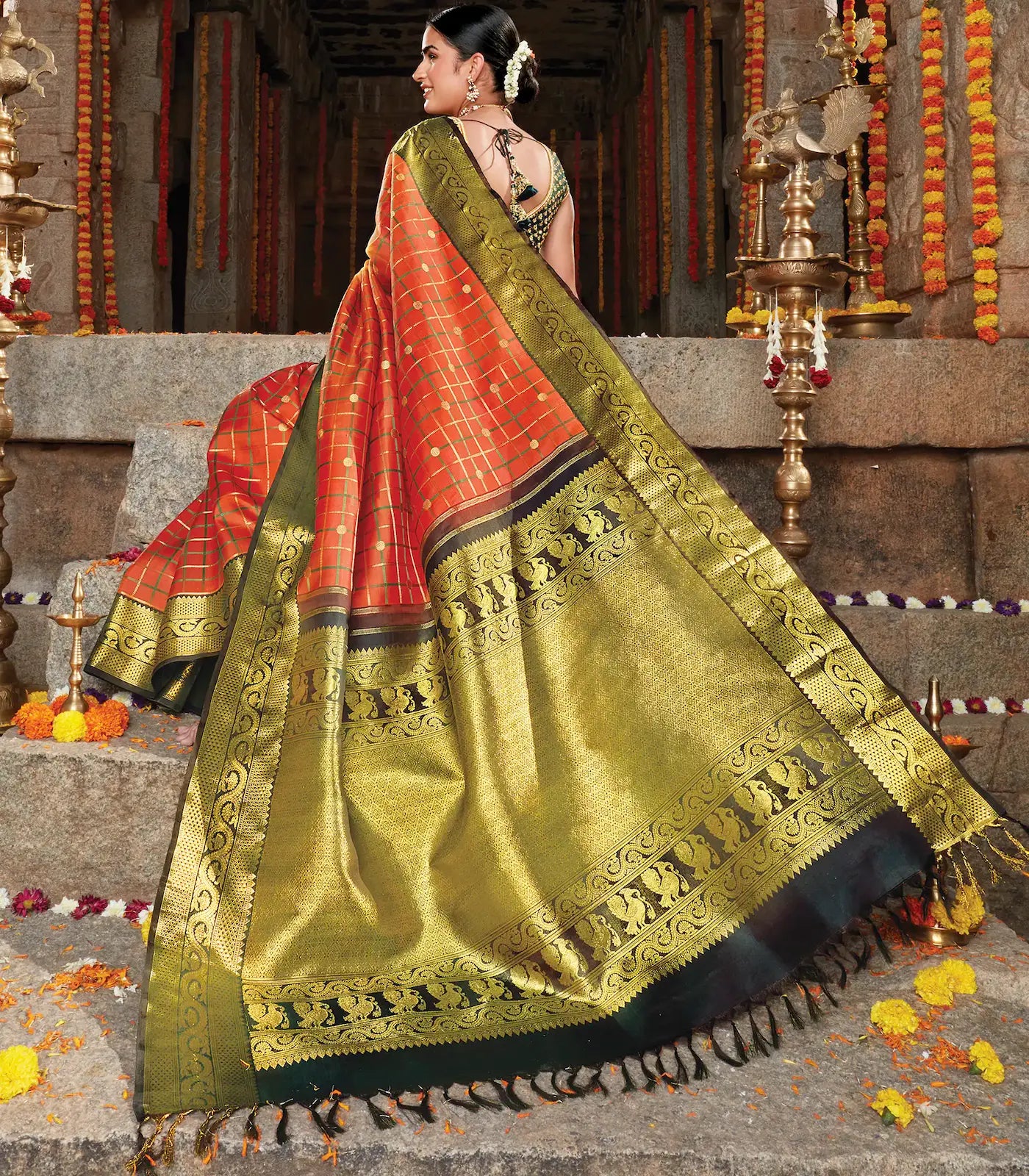 Orange Handloom Kanchipuram Revival Korvai Silk Saree With Dual Checks-Orange