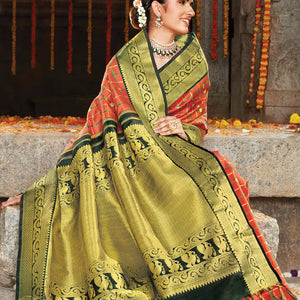 Orange Handloom Kanchipuram Revival Korvai Silk Saree With Dual Checks-Orange