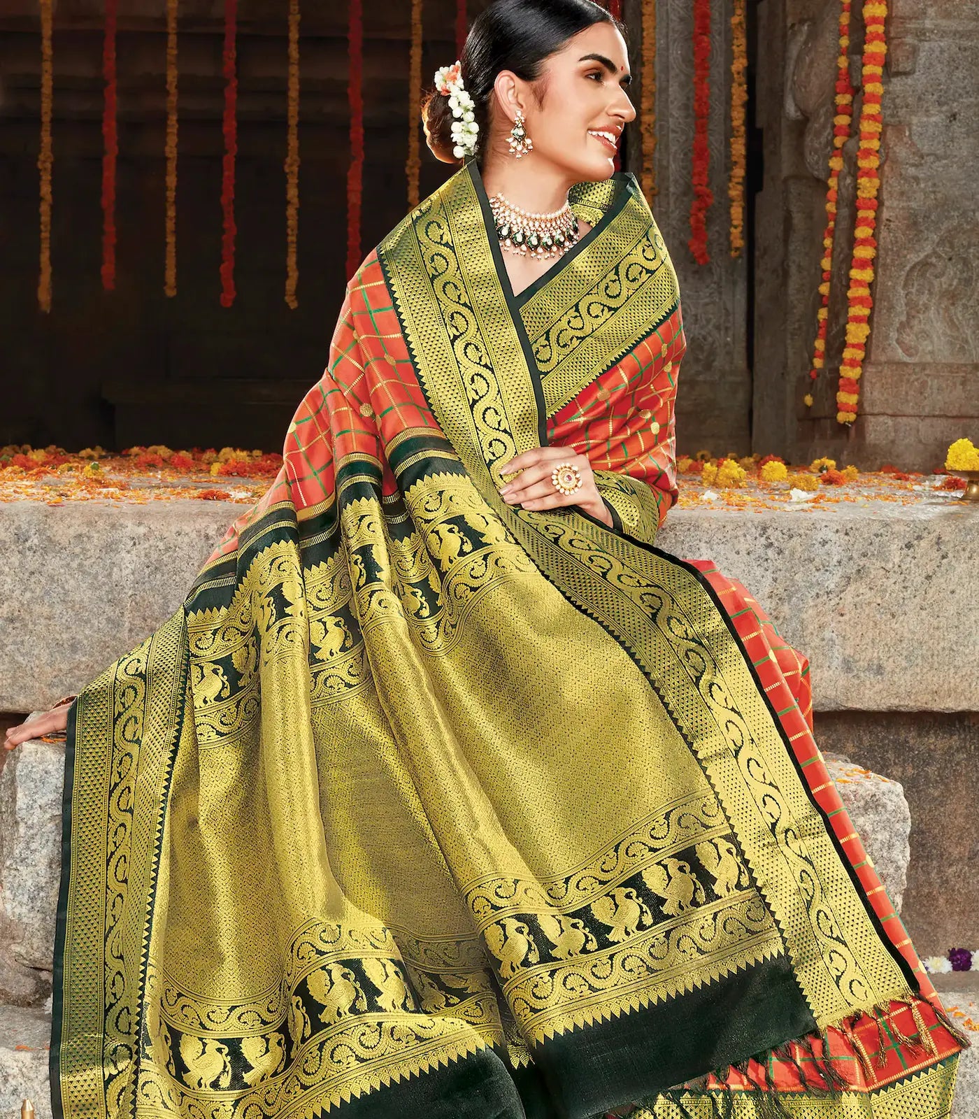 Orange Handloom Kanchipuram Revival Korvai Silk Saree With Dual Checks-Orange