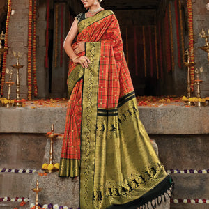 Orange Handloom Kanchipuram Revival Korvai Silk Saree With Dual Checks-Orange