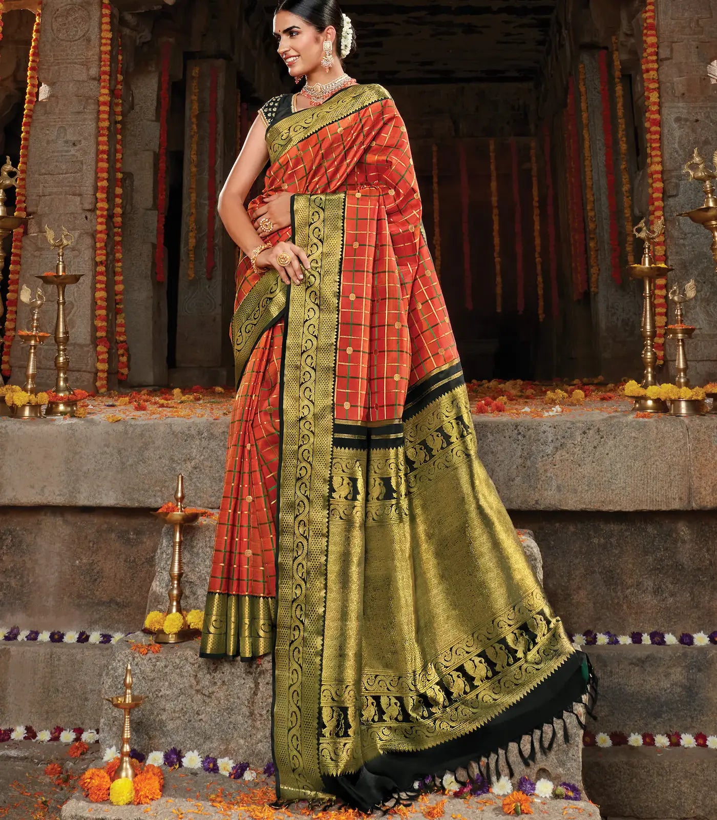 Orange Handloom Kanchipuram Revival Korvai Silk Saree With Dual Checks-Orange