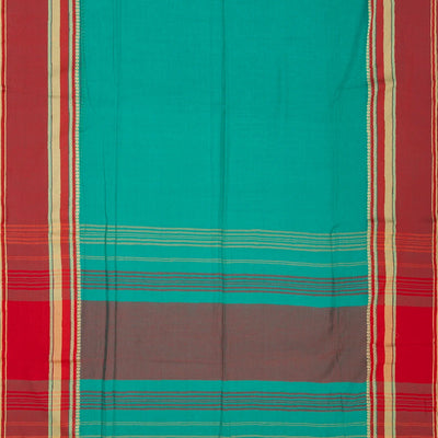 Cyan Bengal Cotton Saree With Crimson Border