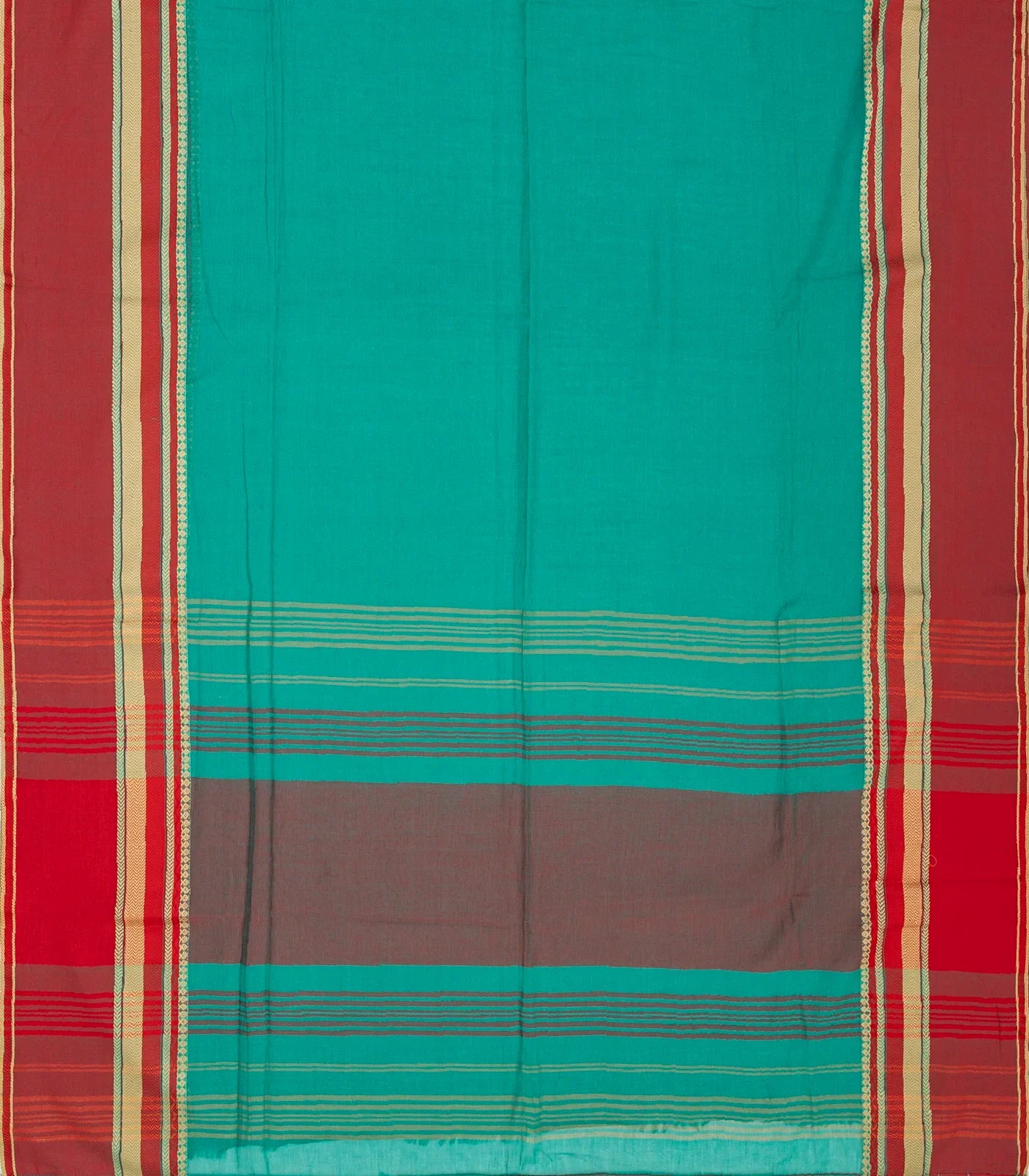 Cyan Bengal Cotton Saree With Crimson Border