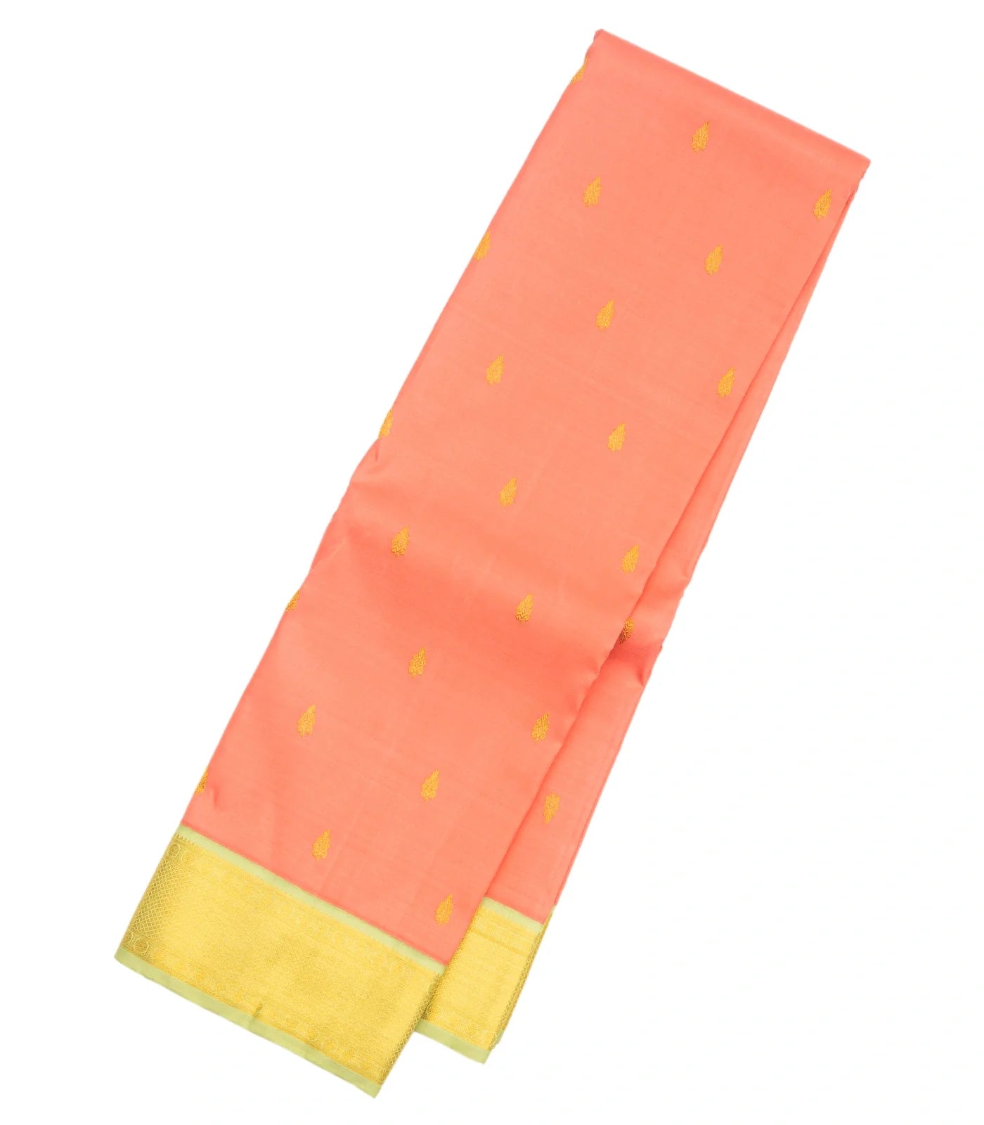 Peach Handloom Kanchipuram Korvai Silk Saree With Green Border