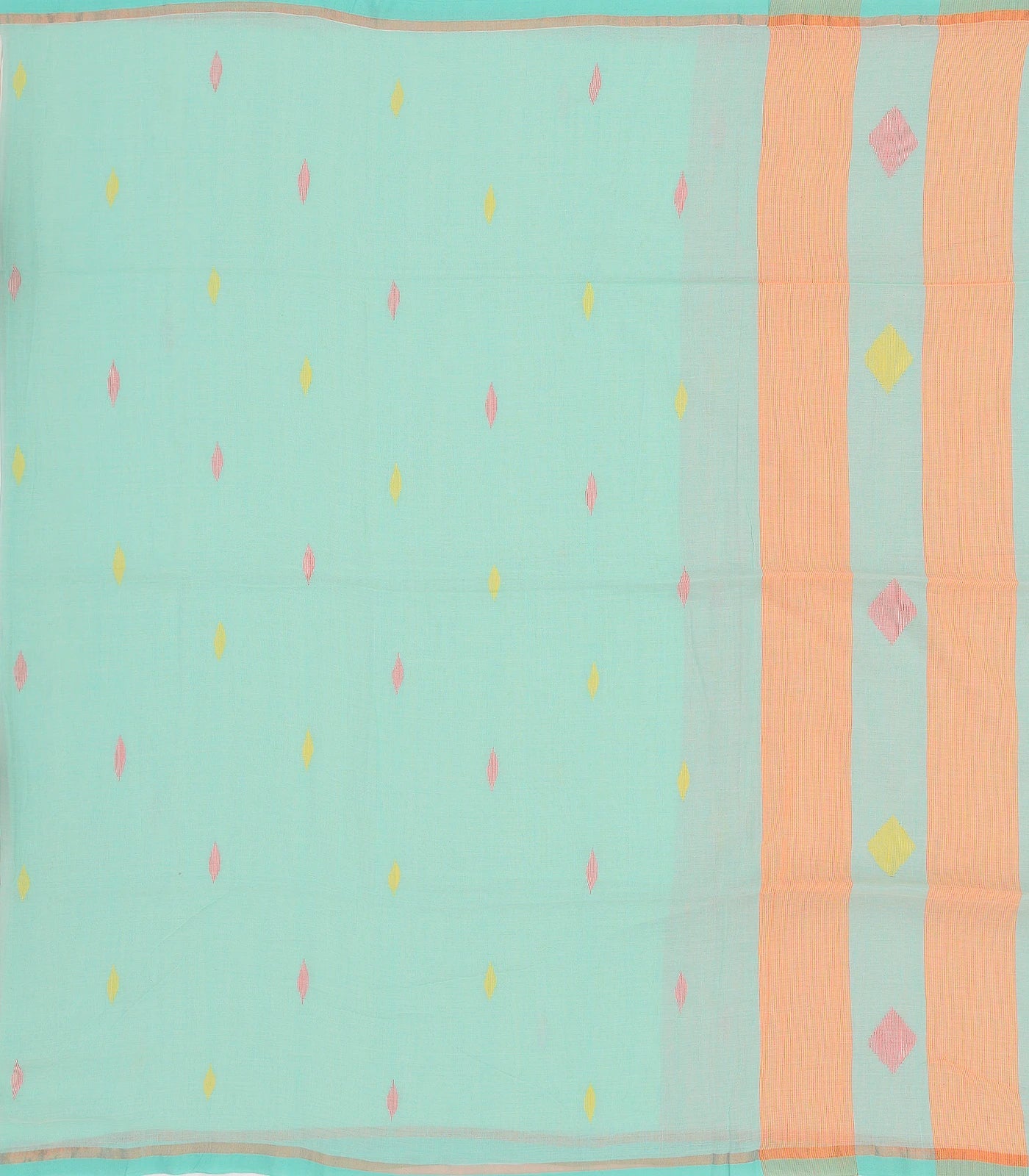 Turquoise Bengal Cotton Saree And Diamond Motifs