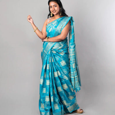 Sky Blue Woven Dola Synthetic Saree With Floral Motifs