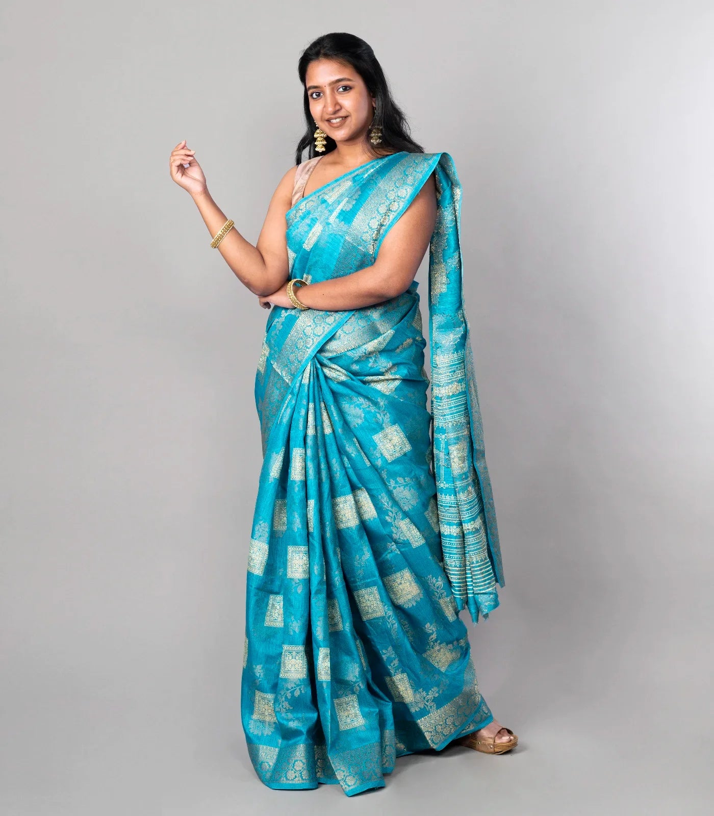 Sky Blue Woven Dola Synthetic Saree With Floral Motifs
