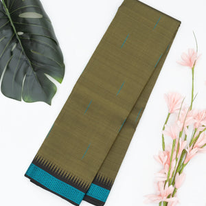 Dark Olive Handloom Kanchipuram Korvai Silk Saree With Raindrop Buttas