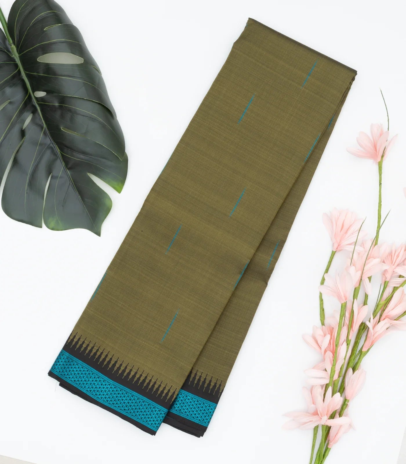 Dark Olive Handloom Kanchipuram Korvai Silk Saree With Raindrop Buttas