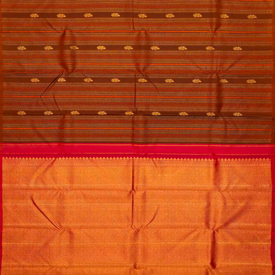 Oil Mustard Handloom Kanchipuram Silk Saree With Stripes & Buttas