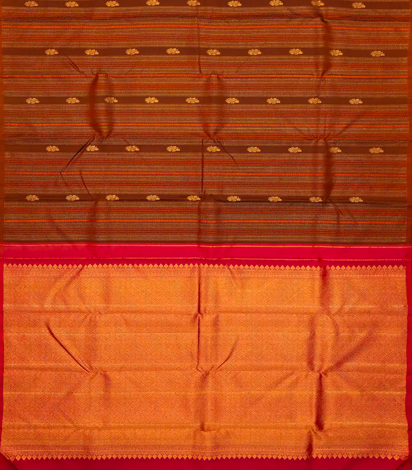 Oil Mustard Handloom Kanchipuram Silk Saree With Stripes & Buttas