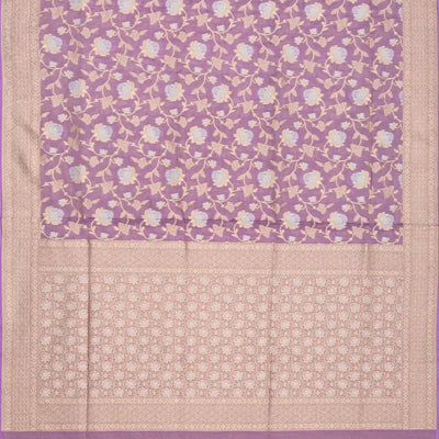 Lavender Handloom Banarasi Silk Saree With Gold & Silver Zari Floral Motifs