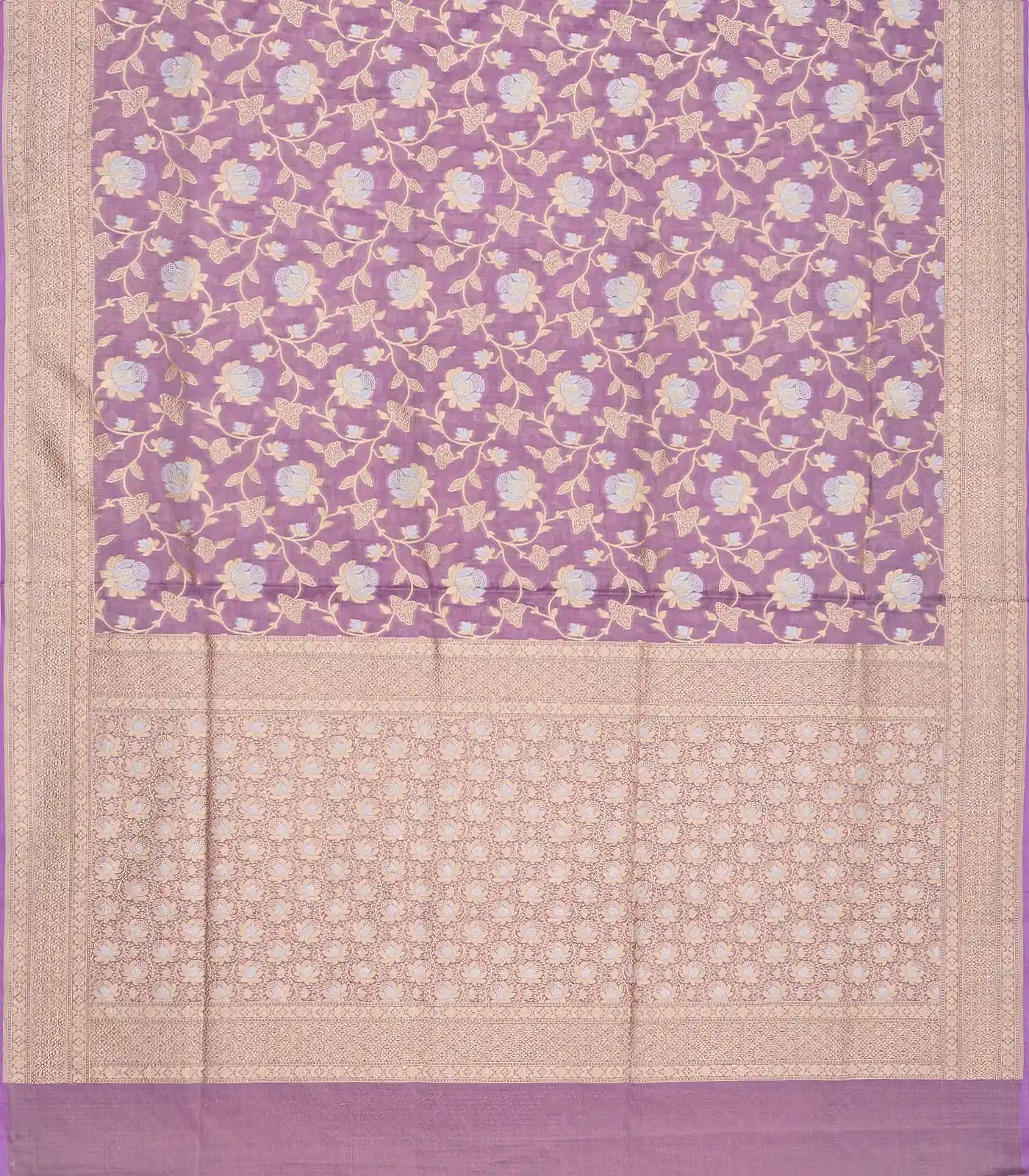 Lavender Handloom Banarasi Silk Saree With Gold & Silver Zari Floral Motifs