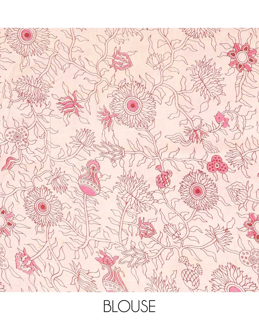 Red intricately machine-printed kalamkari cotton saree, self-border & contrast pallu of floral print