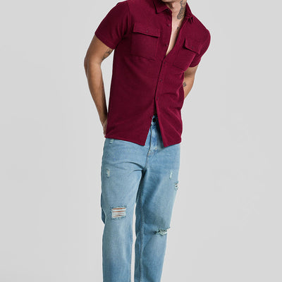 Maroon Textured Double Pocket Shirt