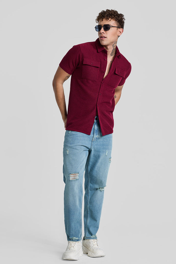 Maroon Textured Double Pocket Shirt