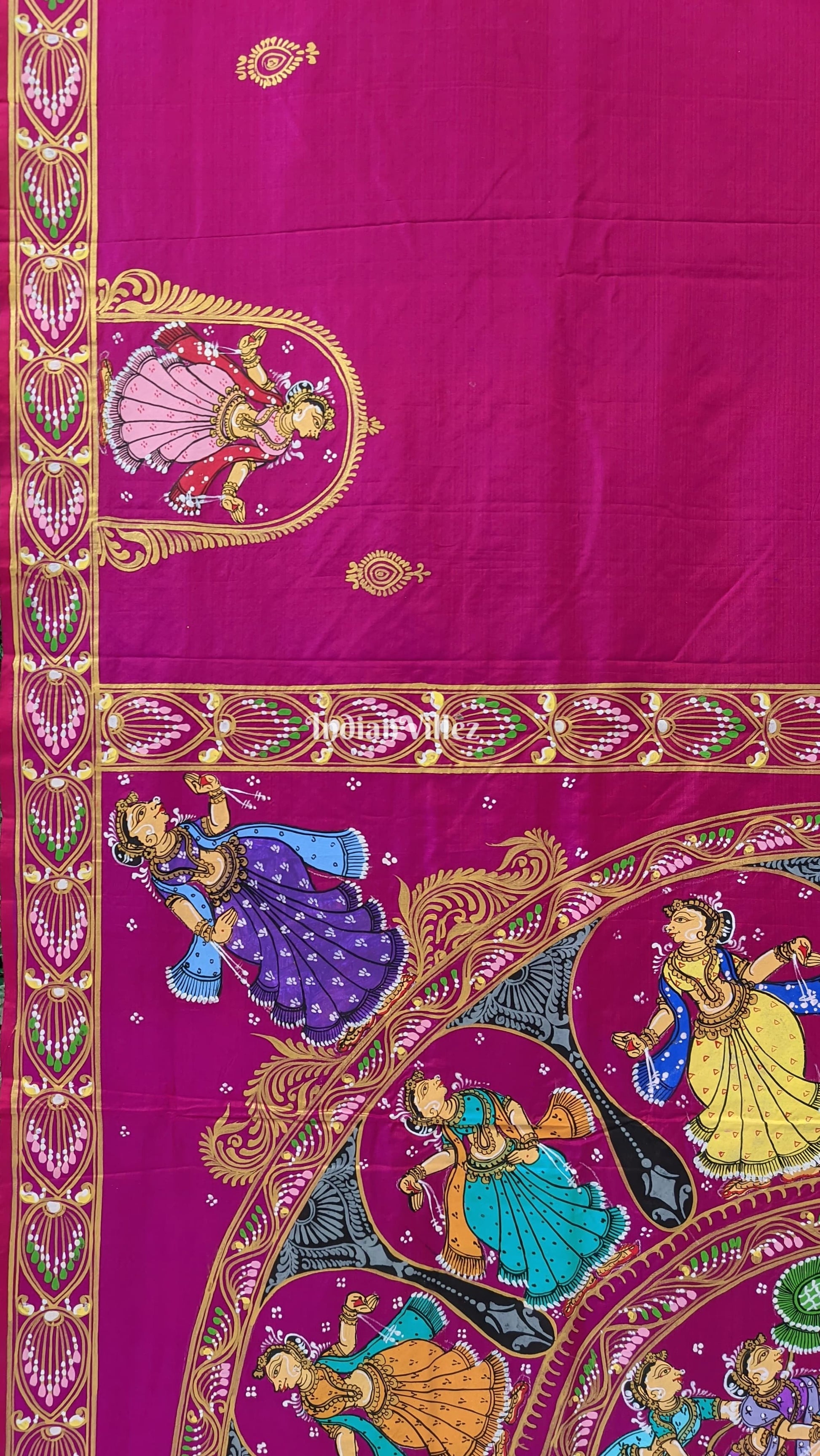 Magenta Nartaki Chandua Theme Hand-Painted Pattachitra Saree