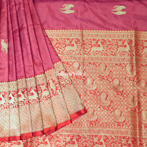 Pink Peach Parrot Handwoven Banarasi Katan Silk Saree