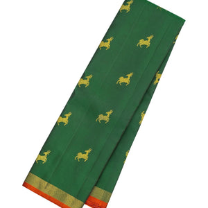 Dark Green Handloom Kanchipuram Silk Saree With Deer Buttas