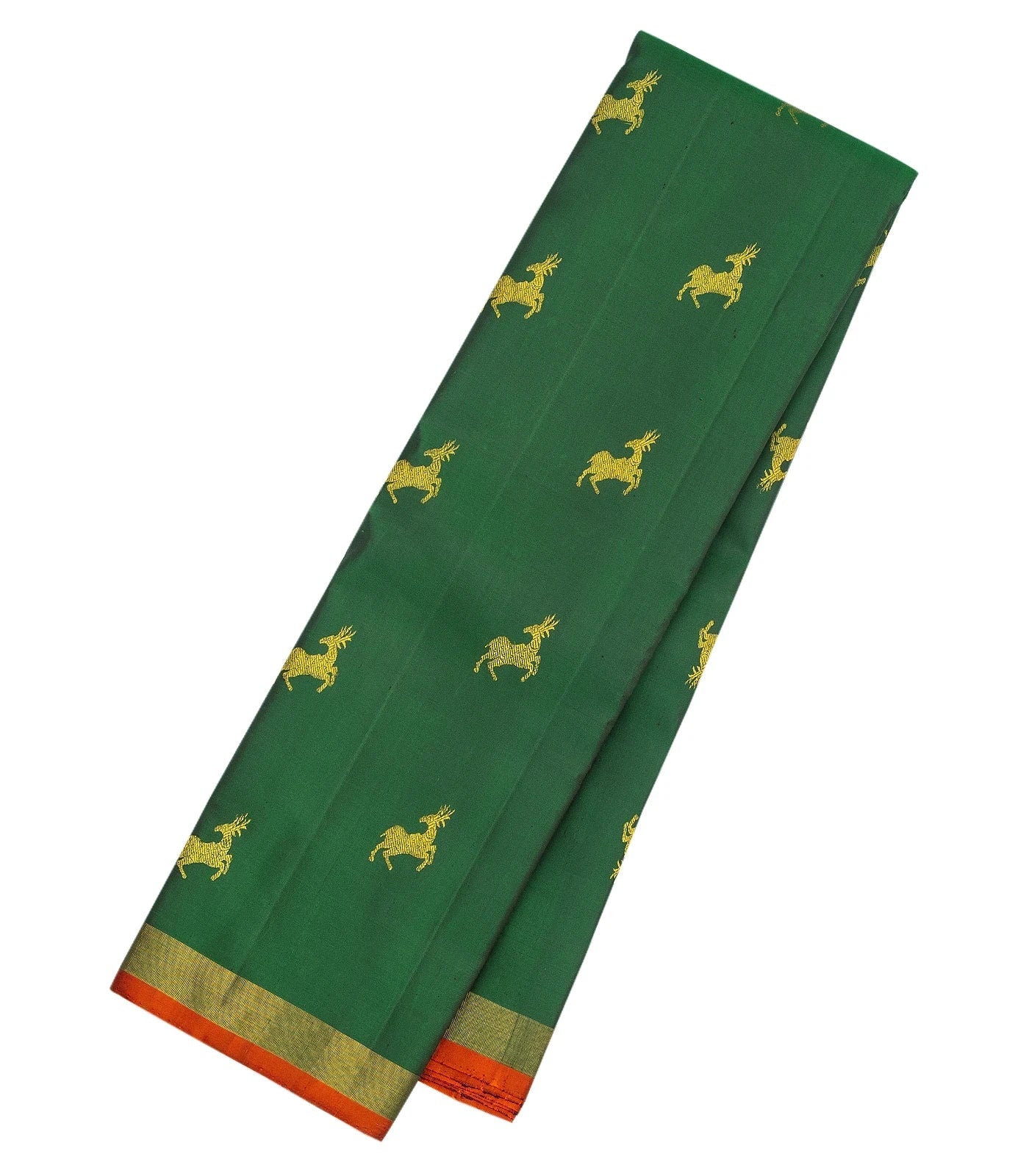 Dark Green Handloom Kanchipuram Silk Saree With Deer Buttas
